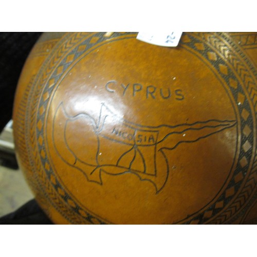 287 - Reproduction mahogany Vienna type wall clock, ' Souvenir of Cyprus ' etched gourd, beaten copper vas... 