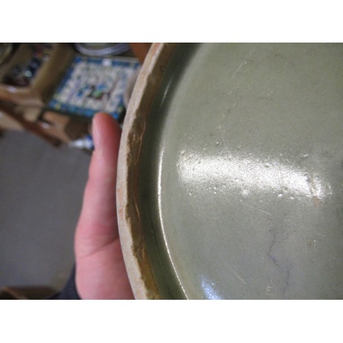 514 - Chinese Celadon dish, 26cm diameter, together with another Chinese crackleware dish