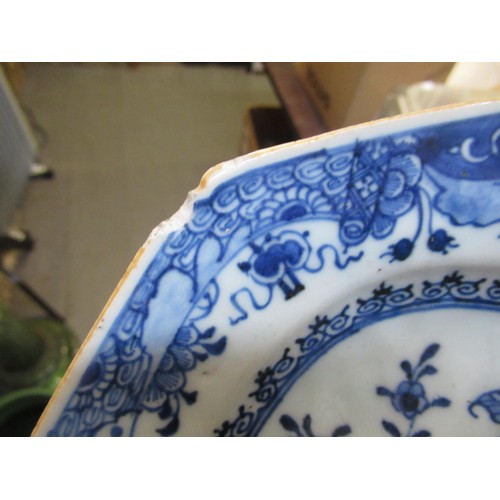 603 - Small 18th Century Chinese blue and white irregular octagonal dish decorated with an exotic bird and... 