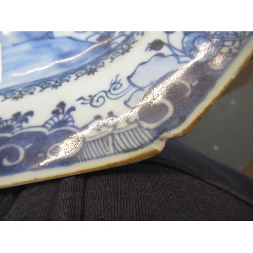 603 - Small 18th Century Chinese blue and white irregular octagonal dish decorated with an exotic bird and... 