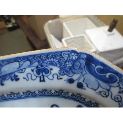 603 - Small 18th Century Chinese blue and white irregular octagonal dish decorated with an exotic bird and... 