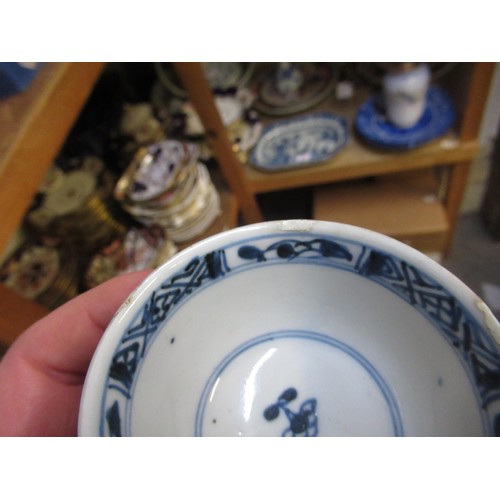 637 - Small Chinese circular blue and white deep dish, 16cm diameter, two Chinese blue and white ink stand... 