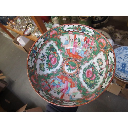 704 - Small Canton polychrome bowl with blue character mark to base, 20th Century Canton bowl, two plates ... 