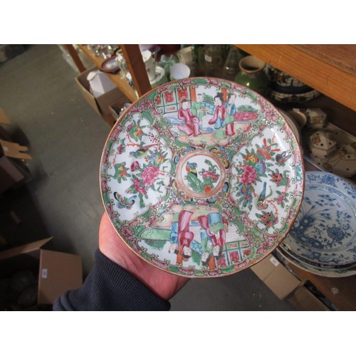 704 - Small Canton polychrome bowl with blue character mark to base, 20th Century Canton bowl, two plates ... 