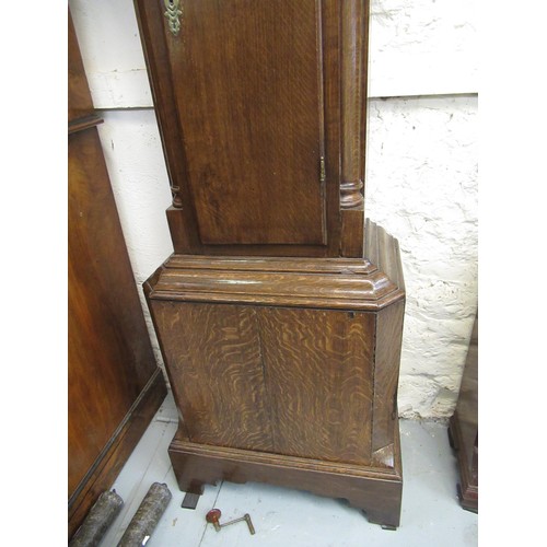 1585 - George III oak longcase clock, the square hood with circular window and flanking pilasters, above a ... 