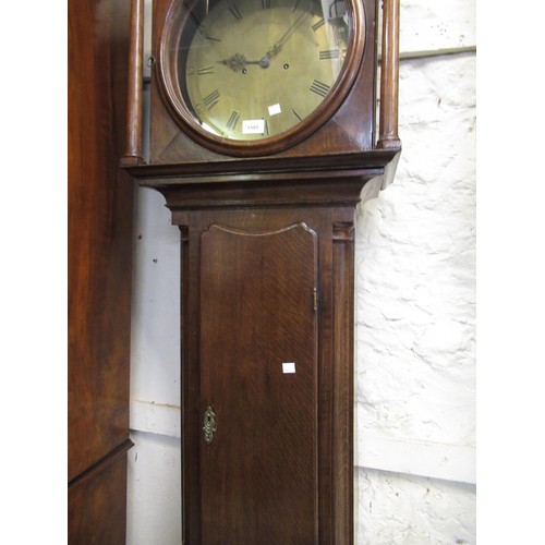 1585 - George III oak longcase clock, the square hood with circular window and flanking pilasters, above a ... 