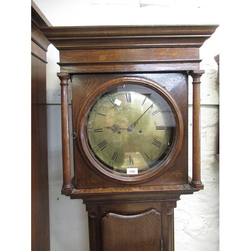 1585 - George III oak longcase clock, the square hood with circular window and flanking pilasters, above a ... 