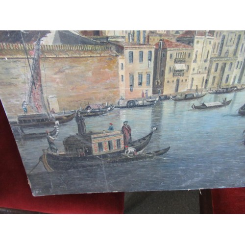 1357 - Two oil paintings on board, extensive Venetian canal scenes, the larger 50 x 74cm, both unframed