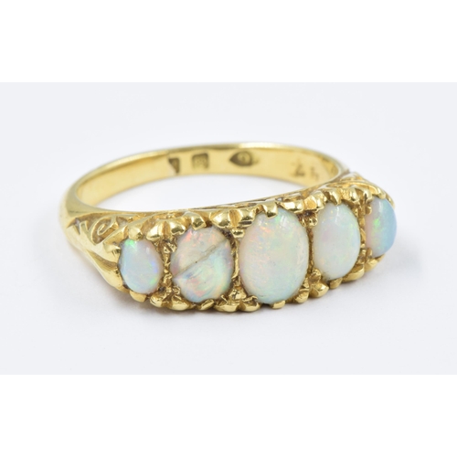 1026 - Yellow gold five stone opal ring (one opal at fault), size K, 4.7g