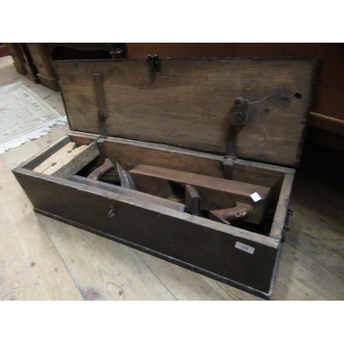 136 - Pine tool box containing two woodworking planes and various engineers tools