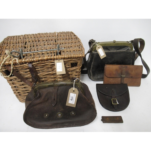 179 - Late 19th / early 20th Century leather and brass mounted ferret bag and a wicker basket, together wi... 