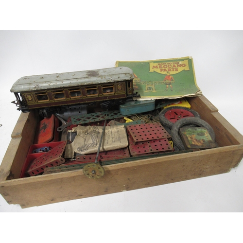 191 - Small quantity of early Meccano in a wooden tray, together with a Bing tin plate 0 gauge Pulman car ... 