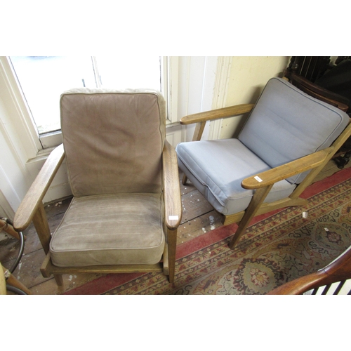 1963 - Pair of modern oak framed armchairs in mid century style, with loose cushions