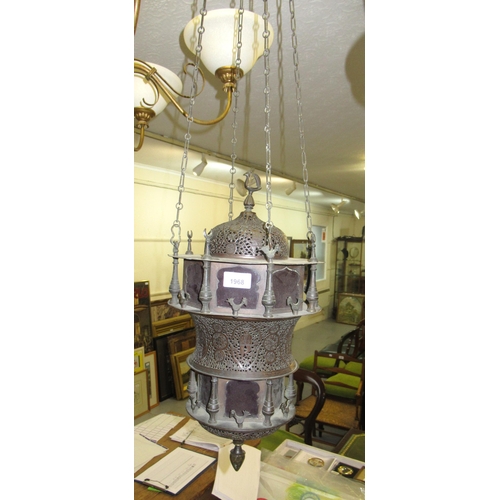 1968 - 20th Century Indian patinated metal hanging lantern, with glass shades and hanging chain, 48cm high