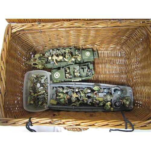 207 - Collection of ' Queen & Country ' toy soldiers and model vehicles in a wicker basket