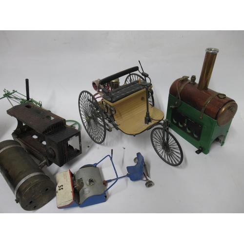 269 - Metal and plastic model of an early tricycle , a wood and metal steam cylinder, and sundries