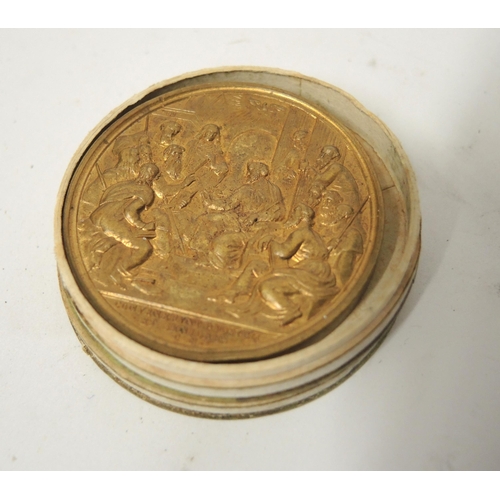 294 - 1870 Gilt metal papal medallion in wooden box and a small terracotta bust of a man