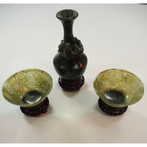 339 - Pair of Chinese turned greenstone bowls on hardwood stands and a greenstone baluster form vase mount... 