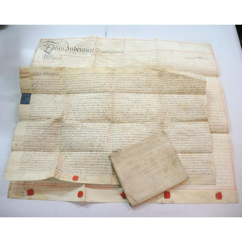 350 - Box containing fifty 17th, 18th and 19th Century vellum indentures, mortgages, leases, conveyances, ... 