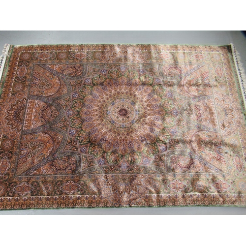 4 - Modern Indo Persian silk style rug with a medallion and all-over design on a green ground with borde... 