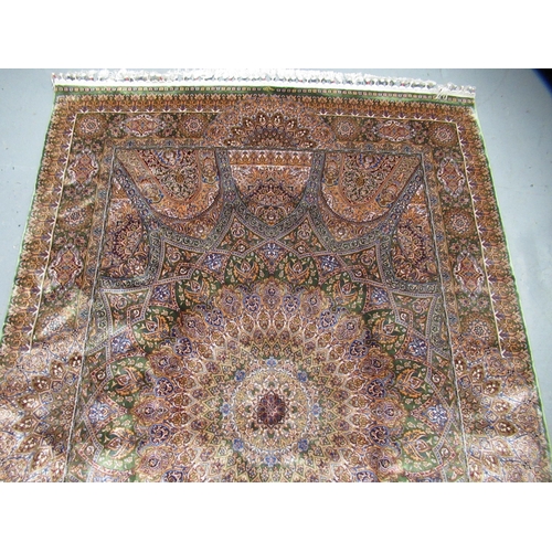 4 - Modern Indo Persian silk style rug with a medallion and all-over design on a green ground with borde... 