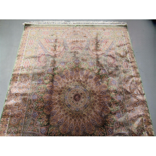 4 - Modern Indo Persian silk style rug with a medallion and all-over design on a green ground with borde... 