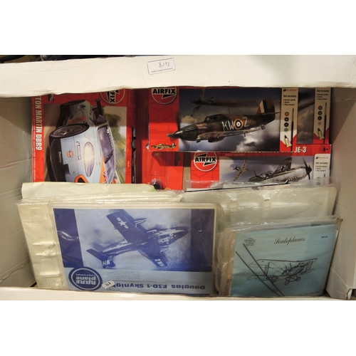 418 - Three boxes containing a quantity of unmade model aircraft kits, including Airfix, Revel, Tamiya, It... 