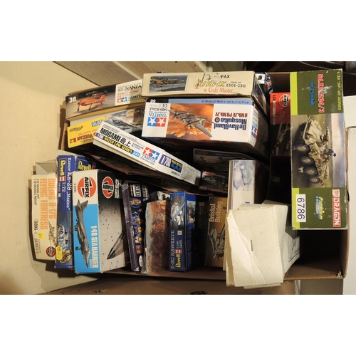 418 - Three boxes containing a quantity of unmade model aircraft kits, including Airfix, Revel, Tamiya, It... 