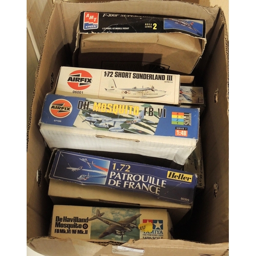 418 - Three boxes containing a quantity of unmade model aircraft kits, including Airfix, Revel, Tamiya, It... 