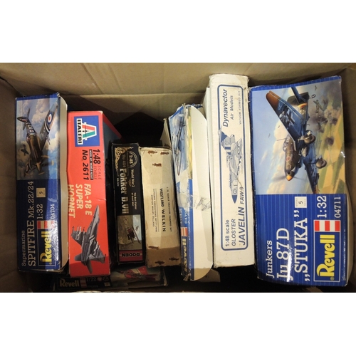 419 - Four boxes containing a quantity of unmade model aircraft kits, including Airfix, Revel, Tamiya, Ita... 