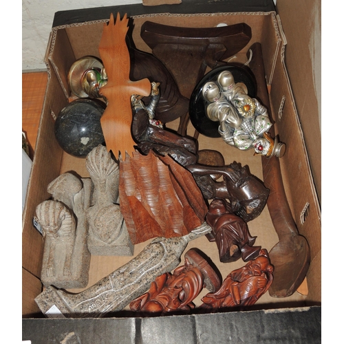 445 - Box containing a wooden decoy duck, three carved wooden sages and various other items