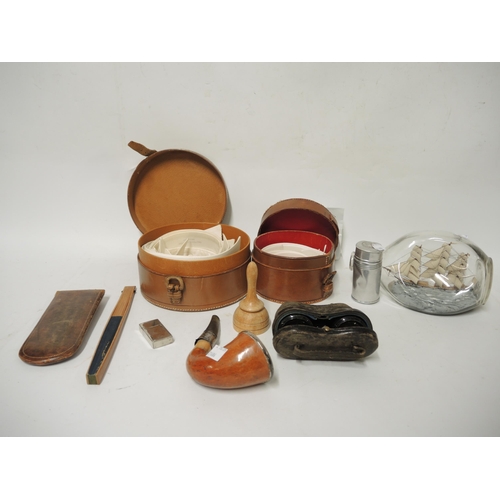 451 - Two leather collar boxes, silver mounted pipe, cased pair of opera glasses, model ship in a bottle a... 