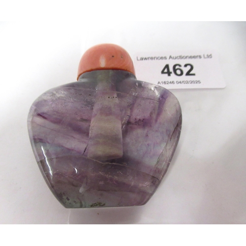 462 - Chinese flourite mauve hardstone snuff bottle, with coral stopper, 57mm high including stopper