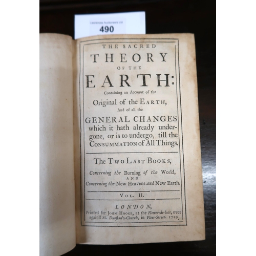 490 - Burnets Theory, volume 2 ' The Sacred Theory of the Earth ', printed Hooke, 1719, leather bound