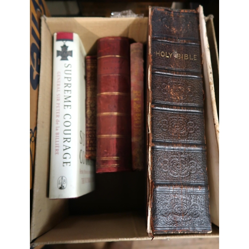 494 - Four boxes containing a collection of various books including part leather bound and antiques refere... 