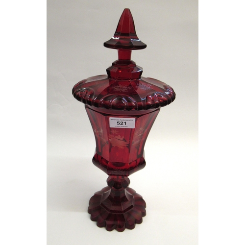 521 - 19th Century Bohemian red etched glass goblet and cover, 38cm high (at fault)