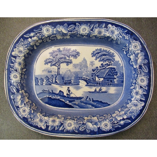 526 - Oval blue and white transfer printed meat plate inscribed ' Wild Rose ', together with a small quant... 