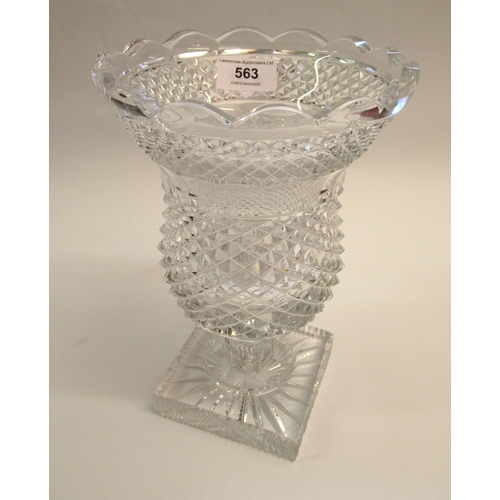 563 - Heavy cut glass pedestal vase on square plinth base, 24cm high