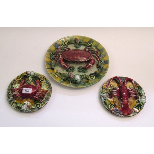 580 - Group of three Continental Majolica crab and lobster plates