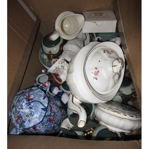 612 - Two boxes containing a quantity of various porcelain, including blue and white cheese dish, part Roy... 