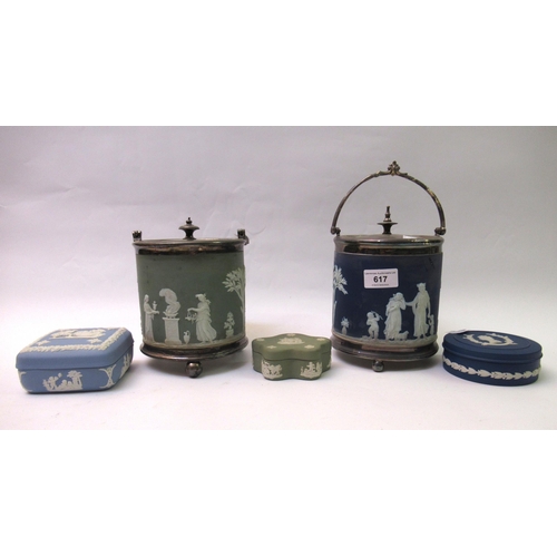 617 - Wedgwood blue and white Jasperware biscuit barrel with silver plated mounts, another in green Jasper... 