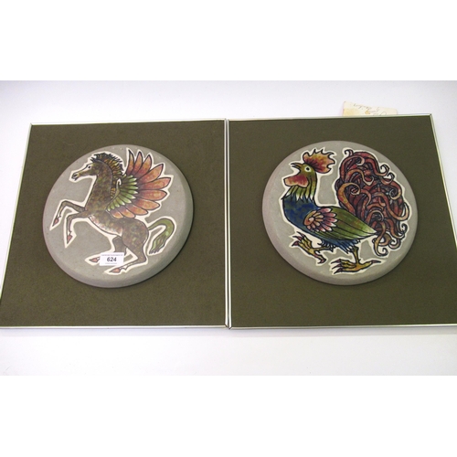 624 - Pair of pottery plaques decorated with a cockerel and winged horse, inscribed ' Reilly, Ventor Isle ... 