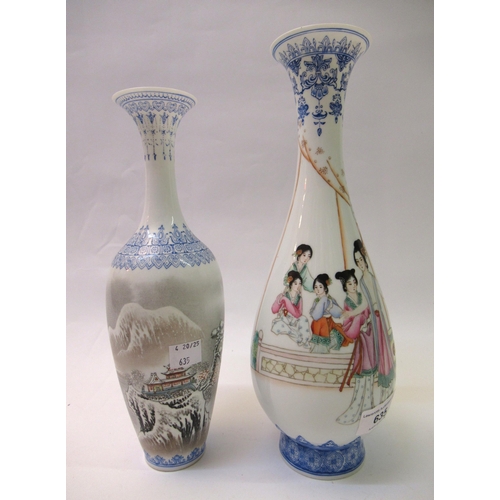 635 - Modern Chinese eggshell porcelain baluster form vase painted with female figures in an interior, blu... 