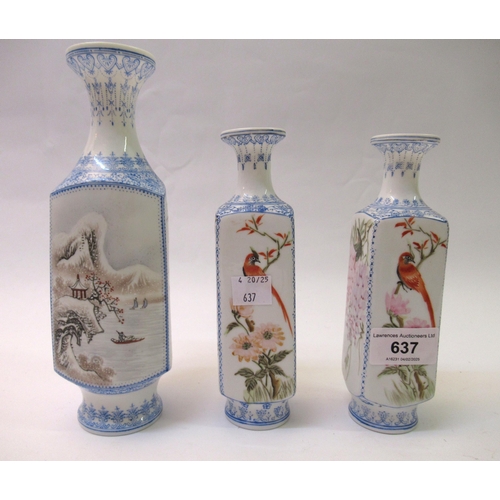 637 - Group of three modern Chinese eggshell vases, decorated with exotic birds and landscapes, the talles... 