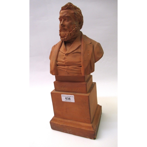 638 - After John Adams Acton, terracotta bust of Charles Haddon Spurgeon, on an integral stepped plinth wi... 