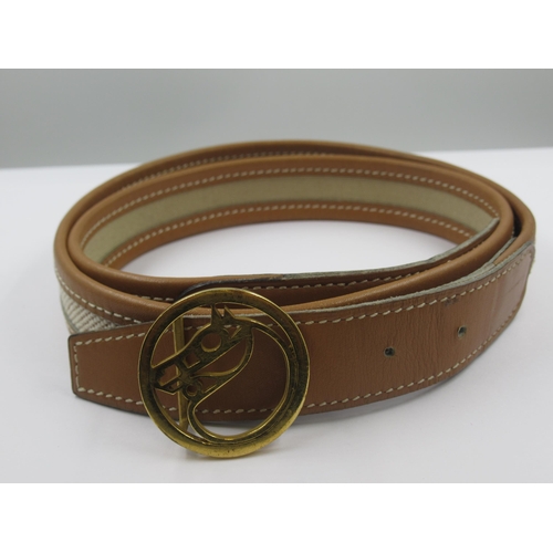 65 - Hermes, narrow leather and toile belt with cheval buckle, size 80