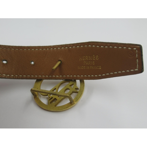 65 - Hermes, narrow leather and toile belt with cheval buckle, size 80