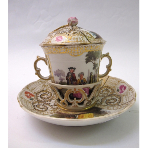 653 - 19th Century Berlin porcelain chocolate pot and cover with stand, decorated with panels of figures a... 