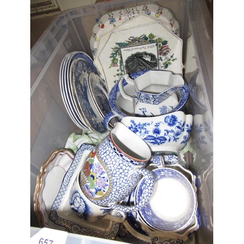 657 - Box containing a quantity of various blue and white ceramics