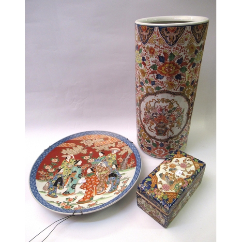 659 - Modern Chinese floral enamel decorated cylindrical stick stand, with character mark to base, an enam... 